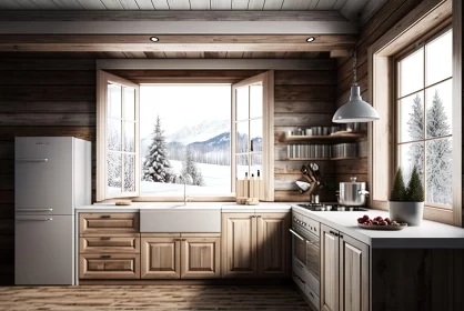Rustic Kitchen in Snow-Covered Log Cabin AI Image