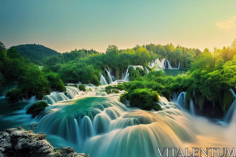 Serene Waterfalls at Plitvice National Park, Croatia AI Image