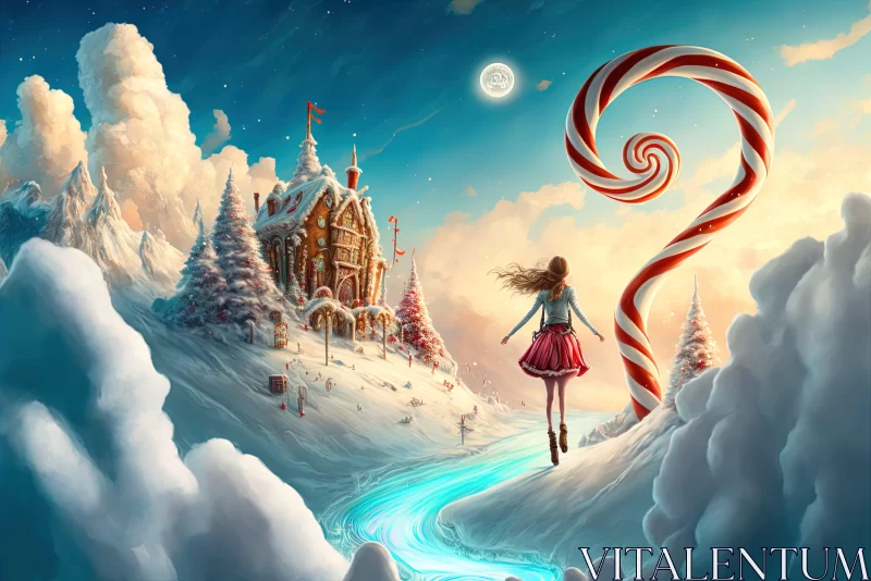 Surreal Winter Landscape with Girl and Candy Cane AI Image