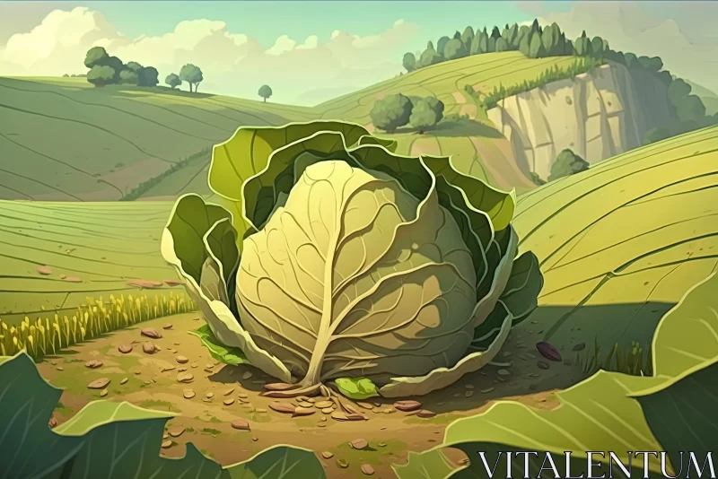 Enthralling Field Illustration: A Gigantic Cabbage in Cartoon Realism AI Image