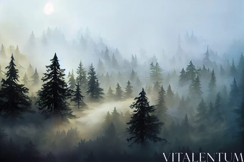 Mystical Pine Forest in Mist - Digital Artwork AI Image