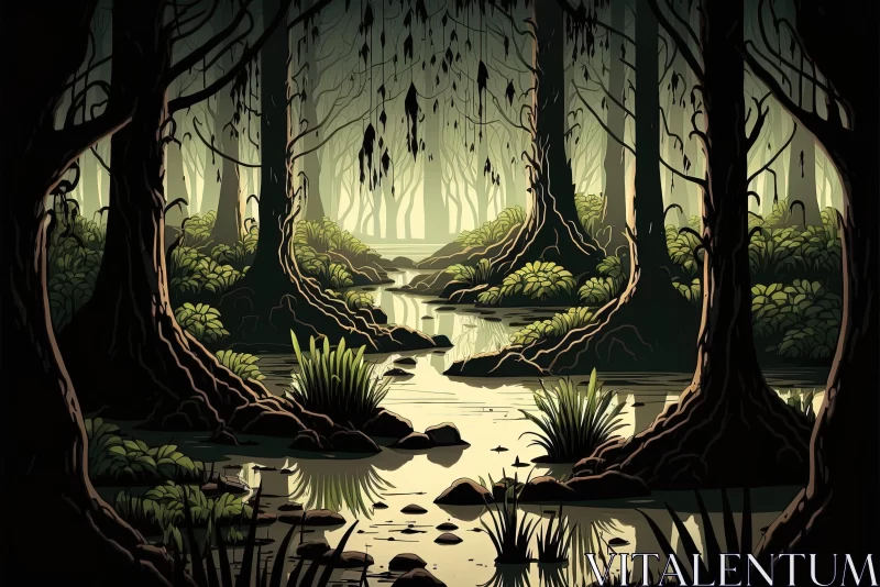AI ART Atmospheric Forest Scene with River - Monochrome Fantasy Art