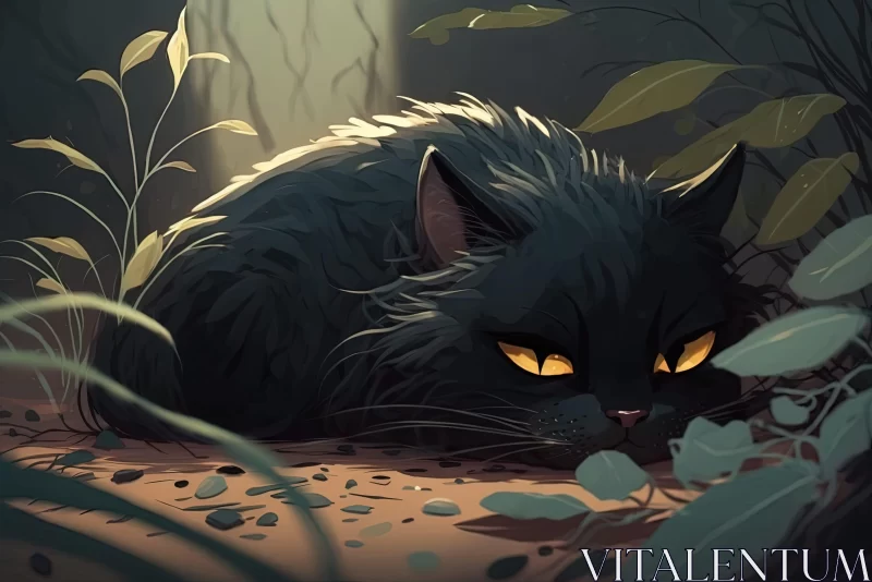 Black Cat with Yellow Eyes in a Dark Forest: An Enchanting Illustration AI Image