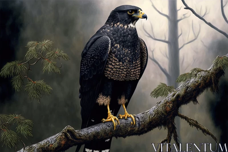 Black Falcon on Branch: A Study in Nature's Majesty AI Image