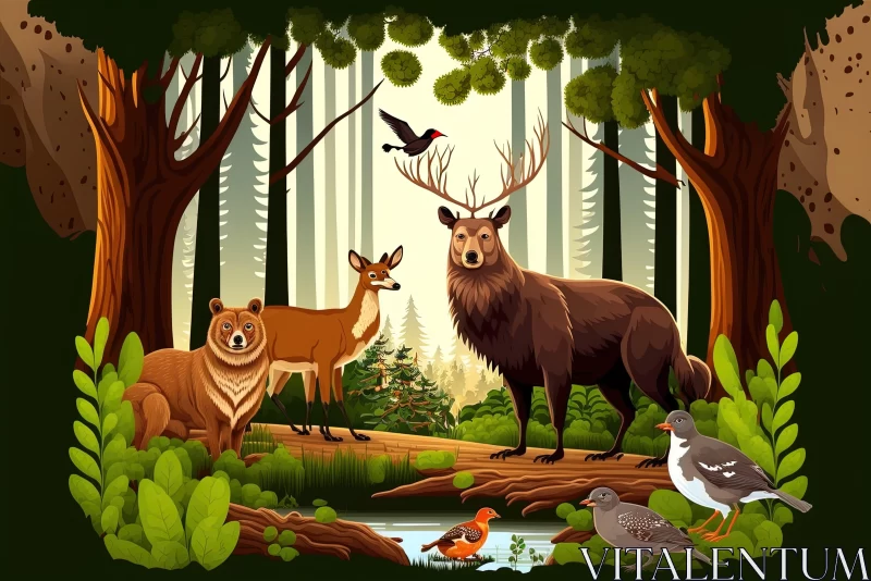 Captivating Forest Scene with Wild Deer and Birds AI Image