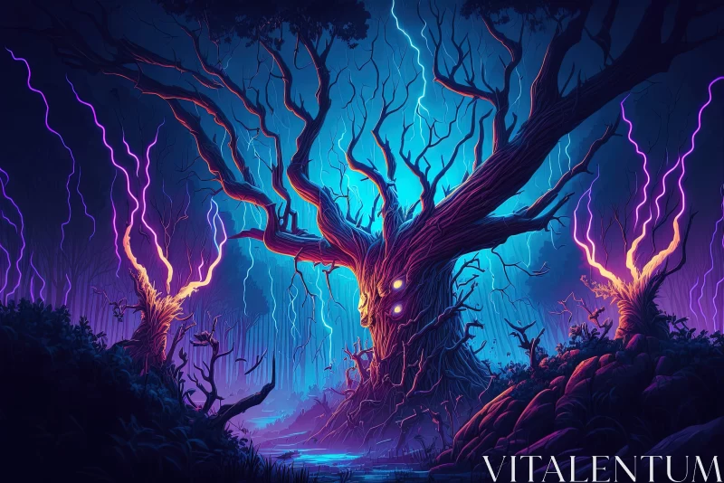 Eerie Tree amidst Lightning: A Nightmare in Art AI Image