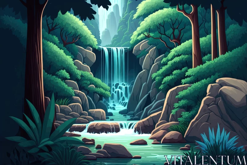 Illustrated Waterfall in a Lush Forest AI Image