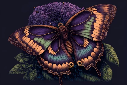 Intricate Butterfly on Dark Purple Flowers Illustration AI Image