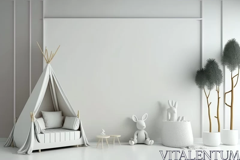 Minimalist Children's Room with White Teepee and Rabbit Decor - 3D Render AI Image