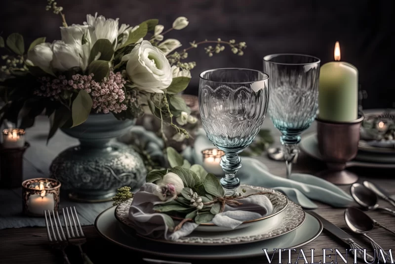 Romantic Vintage Table Setting with Flowers and Candles AI Image