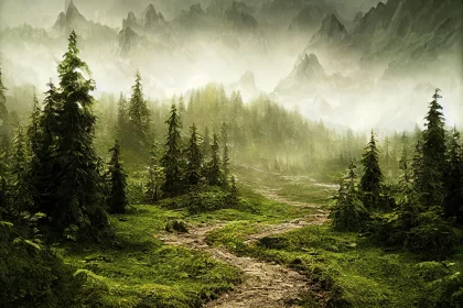 Enchanting Fantasy Landscape with Foggy Mountain Path