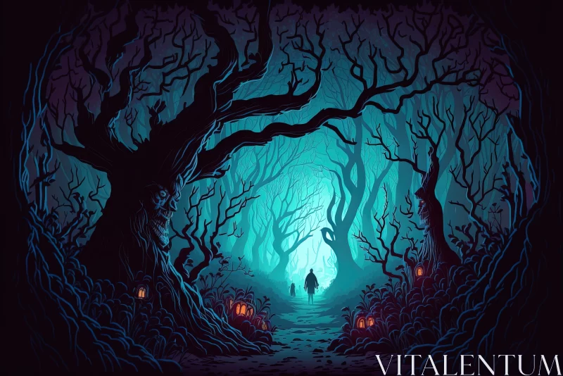 Mysterious Dark Forest with Fairy Tale Lanterns Illustration AI Image