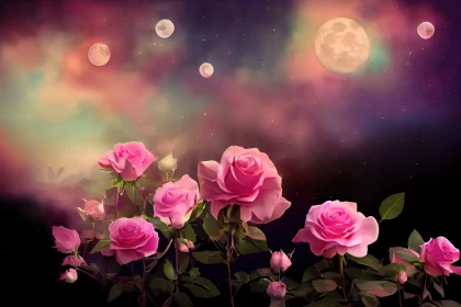 Pink Roses under Moonlight - A Dreamlike Celebration of Nature