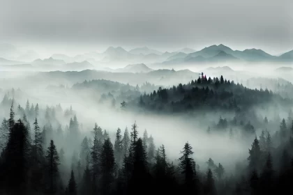 Gothic Romanticism in Misty Mountain Landscape