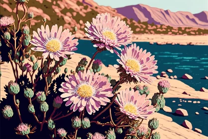 Pop Art Painting: Flowers, Rocks and Water in Desertwave Style
