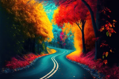 Psychedelic Forest Road in Autumn Colors