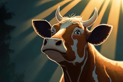 Sunlit Cow - A Caricature-like Illustration