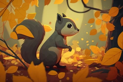Animated Squirrel in Autumn Woodland - Pigeoncore Art AI Image