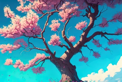 Anime Art: Cherry Blossom Scene in Saturated Palette AI Image