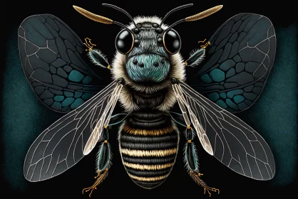 Blue-Eyed Bee on Black Background: A Detailed Digital Illustration AI Image
