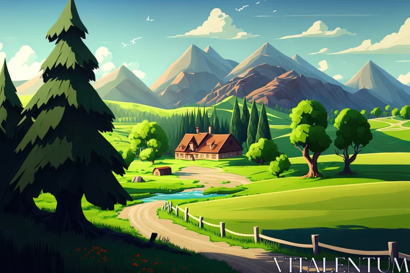 Charming Cartoon Valley Landscape with Mountainous Vistas AI Image
