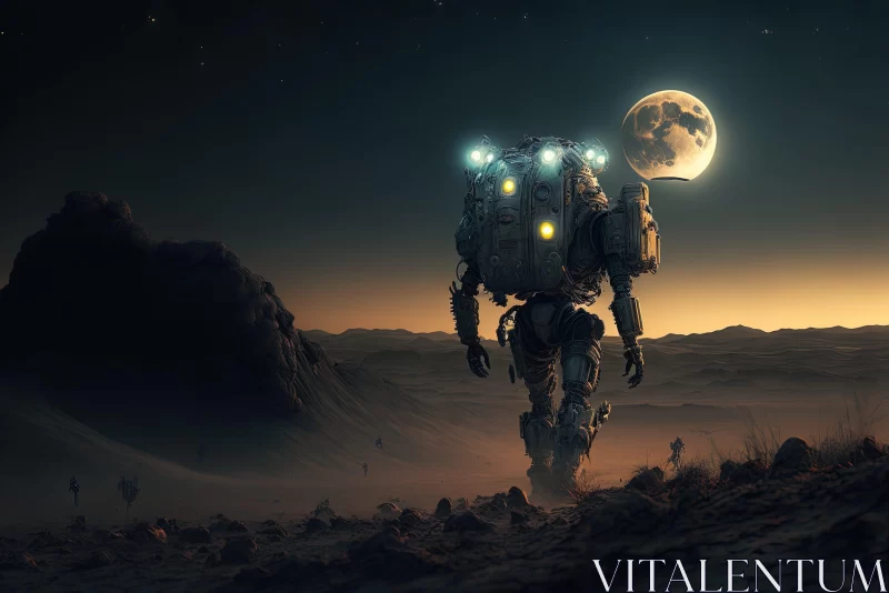 Robot's Moonlit Journey in a Desert - Dieselpunk Art AI Image