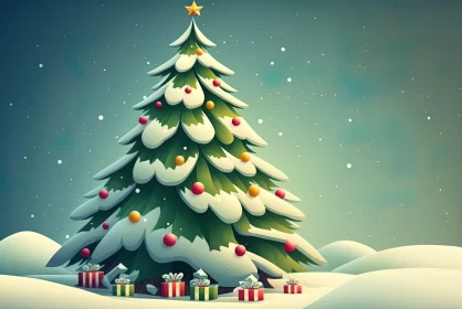 Christmas Tree with Gifts in Snowy Landscape - Artwork