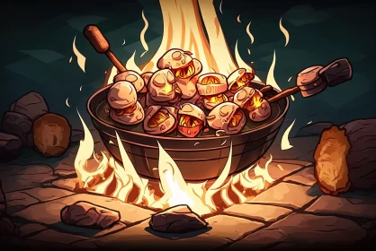 Expressive Fire Art: Pot of Mushrooms in Tavern Scene