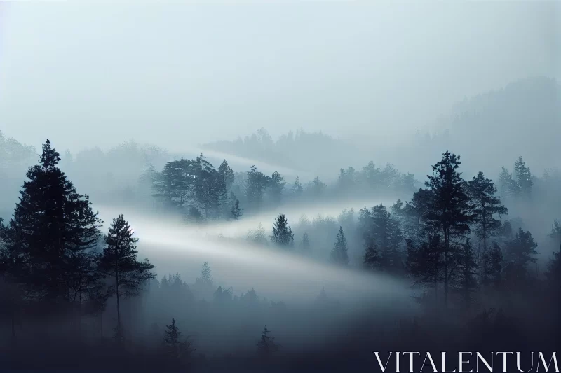 Mystic Foggy Forest Landscape - Norwegian Nature in Light Sky-Blue AI Image