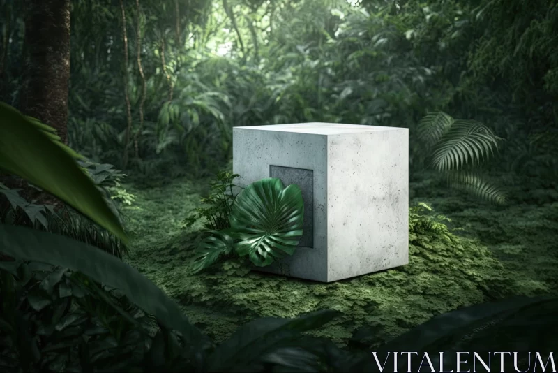 Concrete Cube in Tropical Forest - Fusion of Industrial Design and Nature AI Image