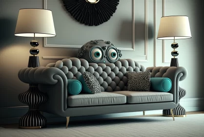 Elegantly Furnished Room with Owl Decorations and Futuristic Retro Style