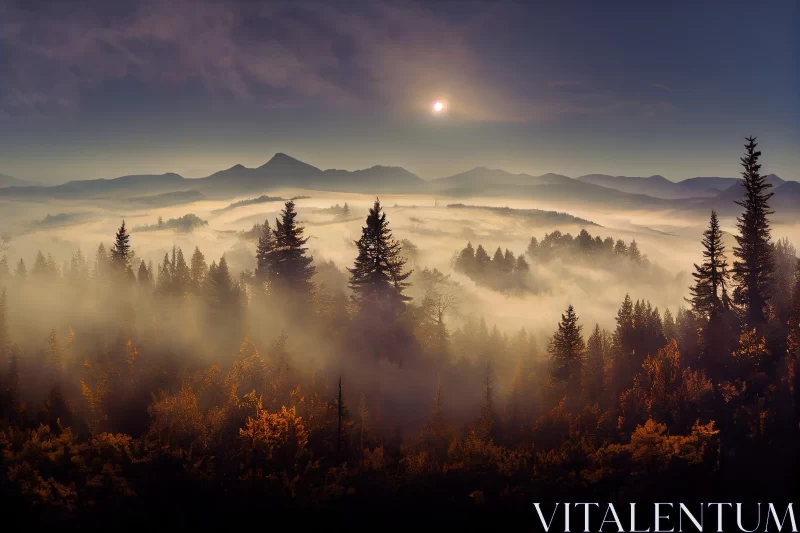 Ethereal Forest Scene with Fog and Sunlight AI Image