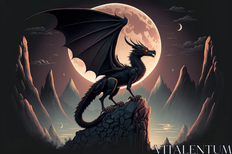 Mystical Black Dragon on Moonlit Hill - Artistic Landscape AI Image