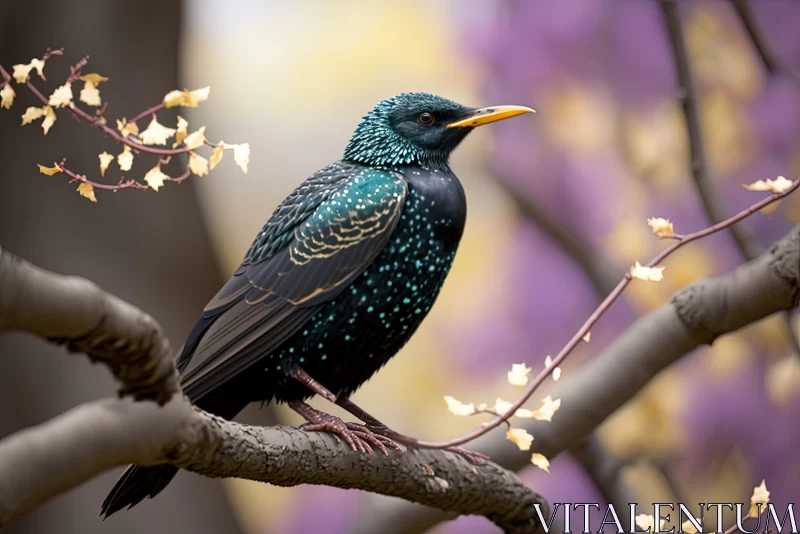 Pointillist Style Starling Bird Amidst Tranquil Norwegian Gardenscapes AI Image