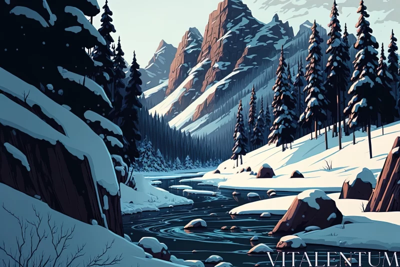 Winter Landscape: Stream Amidst Snowy Mountains AI Image
