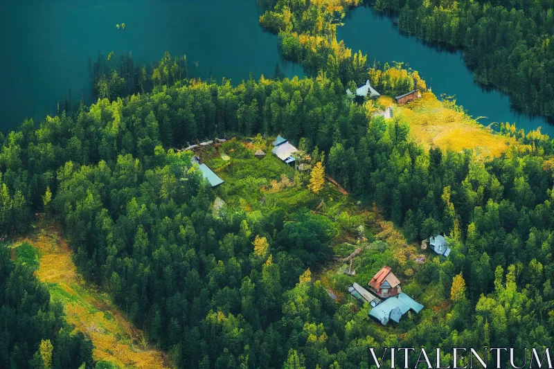 Aerial View of House in Forest Near Lake - Nature Wonders AI Image