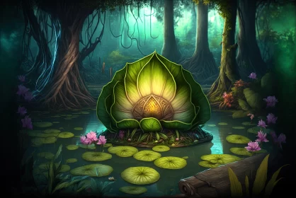 Elven Lotus in Forest - 2D Game Art with Baroque and Snailcore Elements AI Image
