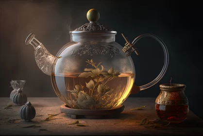Ethereal Glass Teapot with Chinese Iconography in Golden Hues AI Image