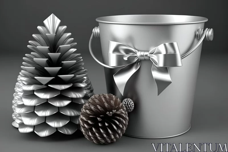 Monochromatic Christmas: Silver Bucket and Pine Cones AI Image