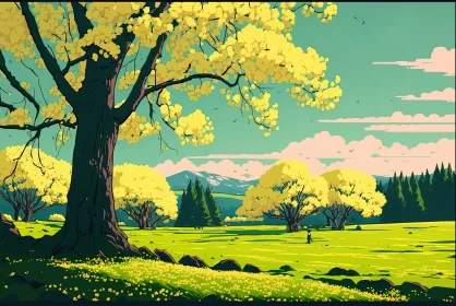 Anime Art Landscape - Yellow Trees on a Green Field AI Image