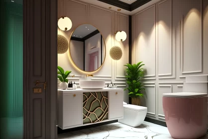 Luxurious Gold Bathroom with Modern Amenities and Asian-Inspired Style AI Image