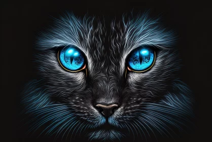 Neon Realism - Black Cat with Blue Eyes Illustration