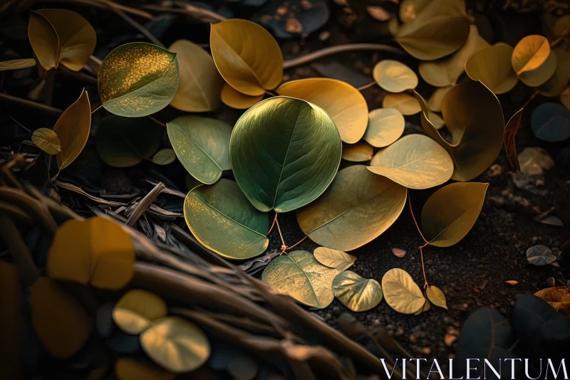 Romantic Woodland Imagery: Gold-Veined Green Leaves AI Image