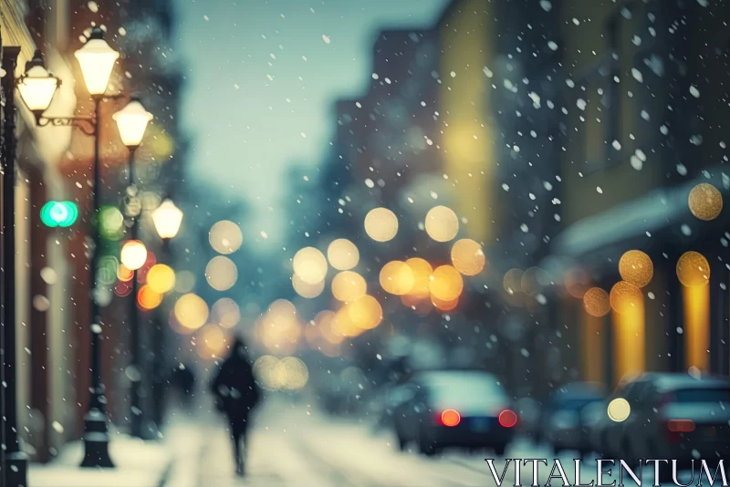 Winter City Street Scene under Snow and Warm Lights AI Image