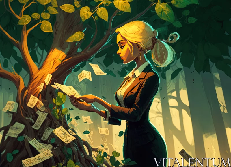 Woman Collecting Bills under a Tree: A 2D Game Art Illustration AI Image