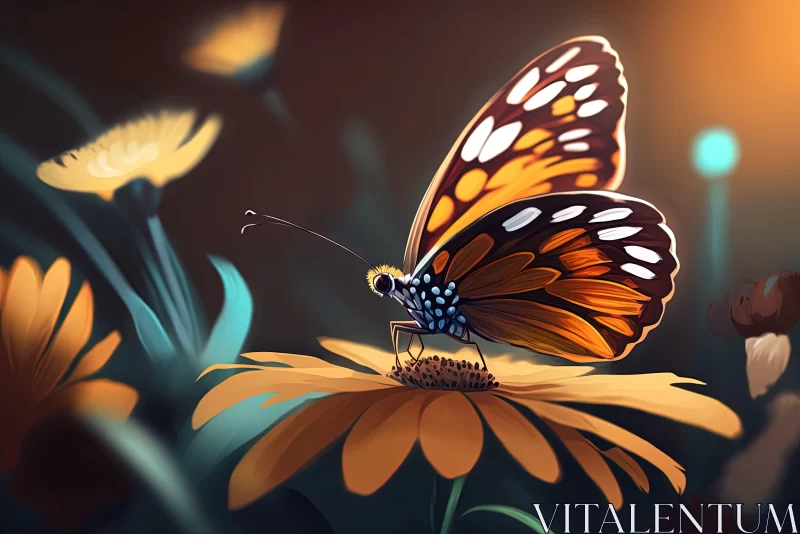 Butterfly on Flower: A Study in Realistic Color and Lighting AI Image