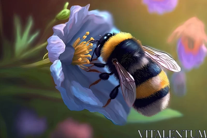 Intricate Bee on Blue Flower Illustration AI Image