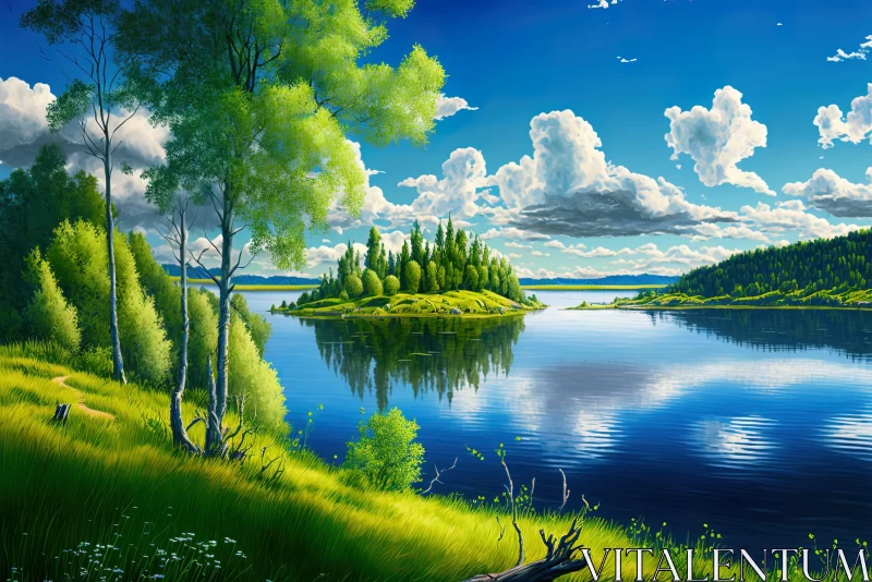 Serene Lake and Lush Landscape: A Joyful Celebration of Nature AI Image
