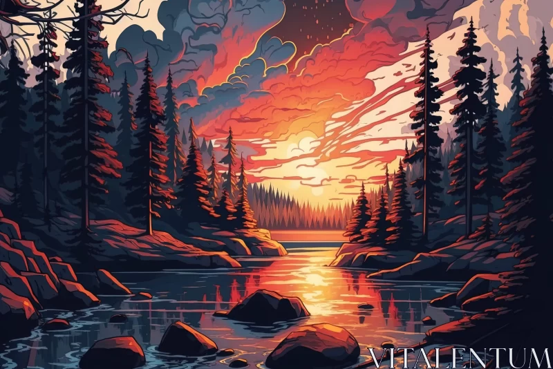 Tranquil Sunset Over Forest Lake: A Nature-Inspired Illustration AI Image