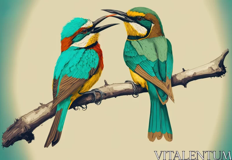 Vivid Illustration of Colorful Birds Perched on a Branch AI Image